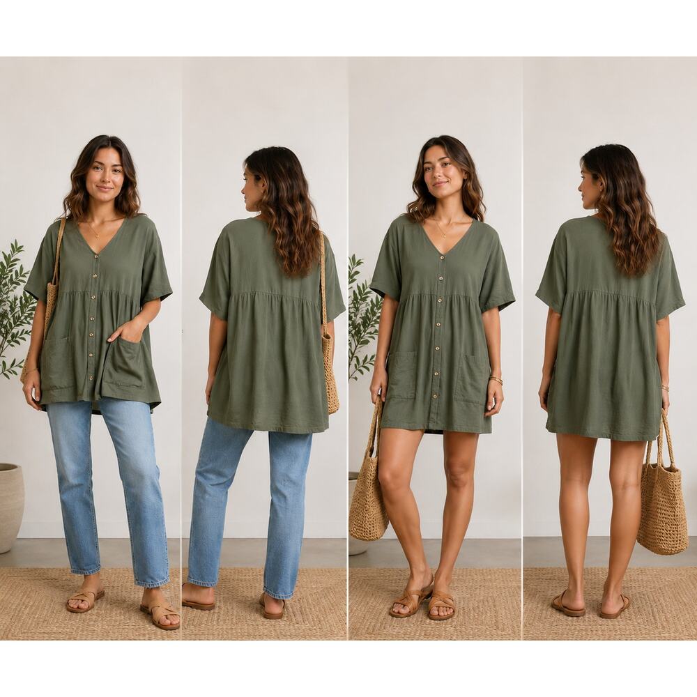 ASOS Olive Button-Front Relaxed V-Neck Tunic
